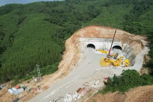 View of the large construction site with mobile concrete mixing plant.