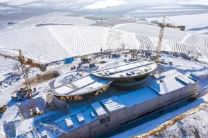 Construction work in progress in wintery conditions.
