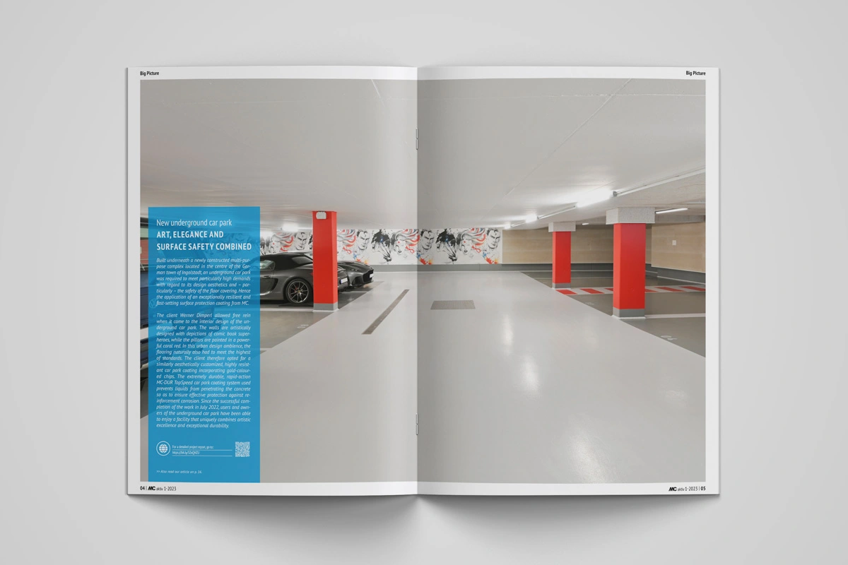 Our current BIG PICTURE shows a underground car park in Ingolstadt that was coated with an extremely resistant and quickly applicable OS 8 car park coating from MC. When it came to the interior design of the car park, the owner Werner Dimperl gave free rein to his imaginative ideas. The walls are artistically designed with with depictions of comic superheroes.