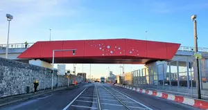 View of the shiny red bridge